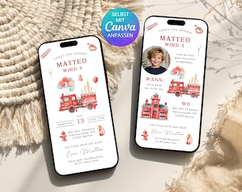 Cyfrowe zaproszenie na przyjęcie urodzinowe dla dzieci ze zdjęciem wozu strażackiego/szablon Canva | Personalizowane zaproszenie z wozem strażackim | E-kartka z wozem strażackim na WhatsApp | Chłopiec