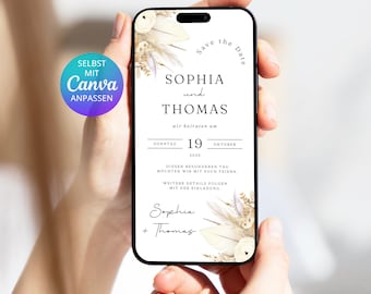 Digital save the date card beige boho pampas | Save the Date template Canva |  Canva template floral save the date card wedding digital