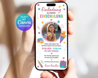 Digitale Einladung Einschulung Mädchen Foto bunt | Digital Einladung Schulanfang Mädchen Canva Vorlage Einladung Einschulung Schultüte