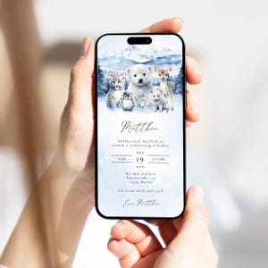Invitación cumpleaños infantil digital invierno animales polares personalizable | Tarjeta Electrónica Nieve WhatsApp con o sin foto | Tarjeta Electrónica Invierno WhatsApp