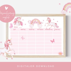 Unicorn timetable | Timetable PDF | Digital download timetable personalized | DIN A4 | Enrollment | Printable timetable