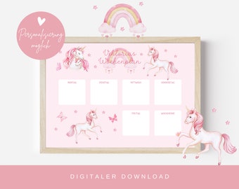 Personalized weekly plan for children | Digital Download | PDF file | DIN A4 | Unicorns | Girl | pink | pink | to print