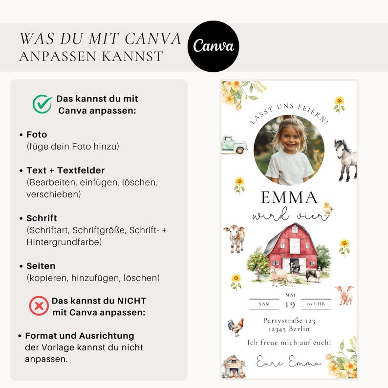 Cyfrowe zaproszenie na farmę ze zdjęciem | Cyfrowe zaproszenie urodzinowe | Szablon Canva | Edytowalne zaproszenie na przyjęcie na farmie dla dzieci zdjęcie 7