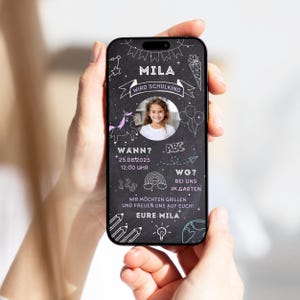 Digitale Einladung Einschulung Mädchen | Einschulung Weltraum Tafel Kreide WhatsApp personalisiert Ecard Schule | ECard Einschulung Einhorn