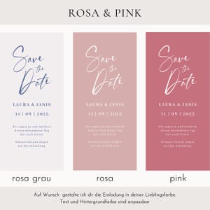May include: Three Save the Date cards in different shades of pink and gray. Each card features the text "Save the Date" in elegant script, along with names and a date. The cards are for a wedding.