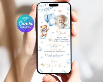 Digital Invitation for a 1st Birthday Teddy Bear Balloons with Photo | Invitation for Boy Teddy Bear Balloons Blue | Canva Template Any Age