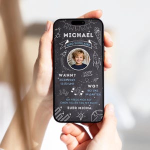 Digitale Einladung Einschulung Junge Foto | Einschulung Tafel Kreide WhatsApp personalisiert Ecard Schule | ECard Einschulung Weltraum