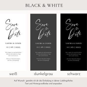 May include: Black and white "Save the Date" cards with elegant script. Each card features the names "LAURA & JANIS" and the date "11 | 08 | 2025". The cards are available in white, dark gray, and black.