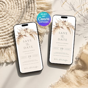 Digital save the date card beige boho pampas | Save the Date template Canva | Canva template floral save the date card wedding digital image 1
