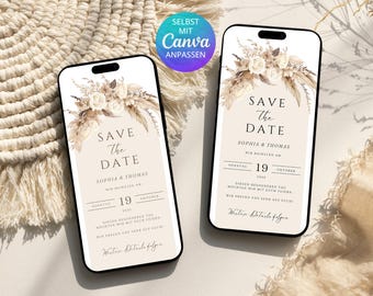 Digitale Save the Date Karte beige boho pampas | Save the Date template Canva |  Canva Vorlage floral Save the Date Karte Hochzeit digital