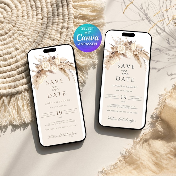 Digitale Save the Date Karte beige boho pampas | Save the Date template Canva |  Canva Vorlage floral Save the Date Karte Hochzeit digital