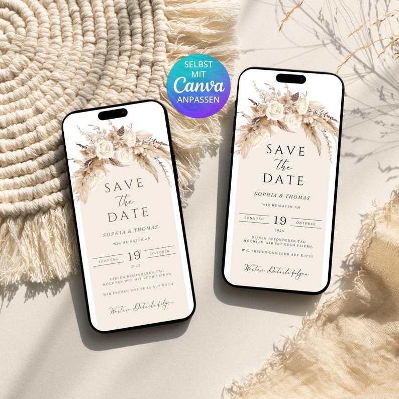 Digital save the date card beige boho pampas | Save the Date template Canva | Canva template floral save the date card wedding digital image 1