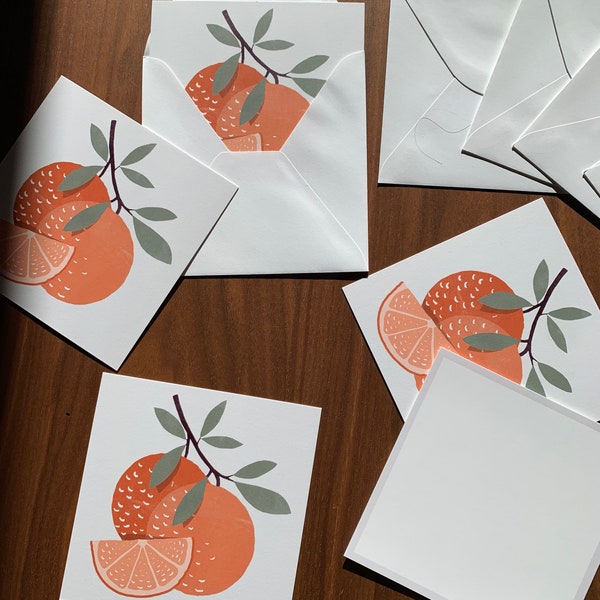 Cartes postales - dessins oranges, format carré [LOT DE 5] + Lot de 5 enveloppes