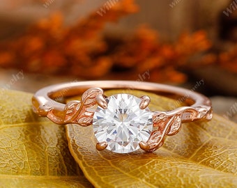 Art Deco Moissanite Bridal Ring, Unique Leaf Wedding Ring, Round Shape Moissanite Engagement Ring, Classic Moissanite Ring, Rose Gold Ring