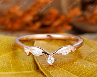 Delicate Marquise Cut Simulated Diamond Matching Band, Vintage Rose Gold Wedding Ring, Women Leaf Branch Ring,  Dainty Antique Wedding Band