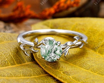 Round Cut Moss Agate Ring, Solitaire Ring, Moss Agate Engagement Ring, Green Agate Twig And Leaf Ring, Art Deco 14k Gold Ring, Promise Ring