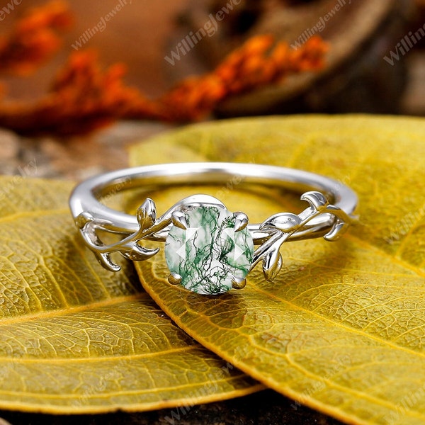 Round Cut Moss Agate Ring, Solitaire Ring, Moss Agate Engagement Ring, Green Agate Twig And Leaf Ring, Art Deco 14k Gold Ring, Promise Ring