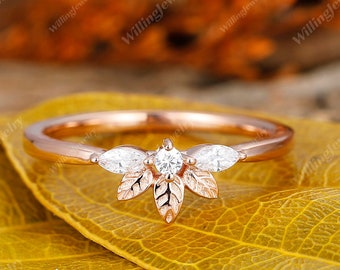 Unique Simulated Diamond Wedding Band, Art Deco Leaf Ring, Dainty Twig Ring, Women Promise Ring, 14k Gold Handmade Matching Stackable Ring