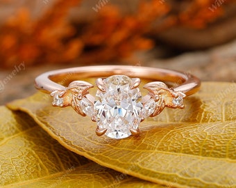 Moissanite Ring, Oval Leaf Ring, Unique Rose Gold Engagement Ring, Nature Inspired Engagement Ring, 14k Gold Promise Ring, Anniversary Gift