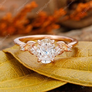Moissanite Ring, Oval Leaf Ring, Unique Rose Gold Engagement Ring, Nature Inspired Engagement Ring, 14k Gold Promise Ring, Anniversary Gift