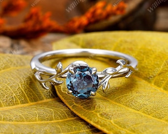 Round London Blue Topaz Ring, 14k White Gold Leaf Ring, Art Deco Blue Gemstone Engagement Ring, Promise Ring For Her, Anniversary Gift Ring