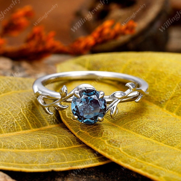 Round London Blue Topaz Ring, 14k White Gold Leaf Ring, Art Deco Blue Gemstone Engagement Ring, Promise Ring For Her, Anniversary Gift Ring