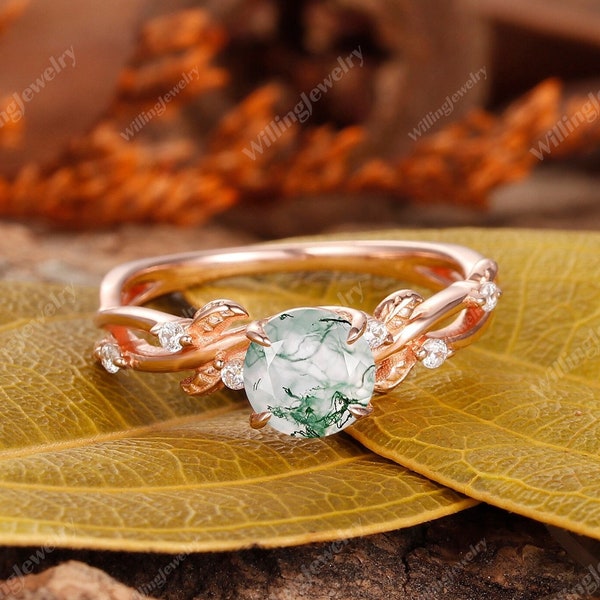 Einzigartiger Moosachat-Ring, runder Schliff 1CT grüner Moosachat-Verlobungsring, Art-Deco-Blattring, Zweigblatt-Zweigring, Jubiläumsgeschenk für Sie