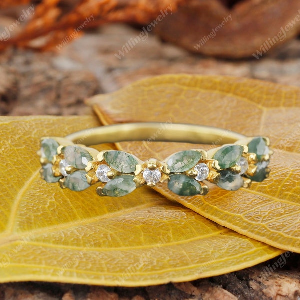 Unique Vintage Moss Agate Stackable Ring Marquise Shape Moss Agate Matching Band Solid Gold Eternity Wedding Band Anniversary Gift For Women