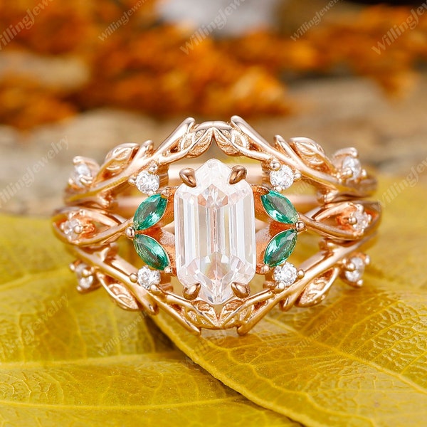 Antique Rose Gold Long Hexagon Cut Moissanite Wedding Ring Set, Dainty Curved wedding band, Vintage Bridal Ring Set, Promise Stacking Ring
