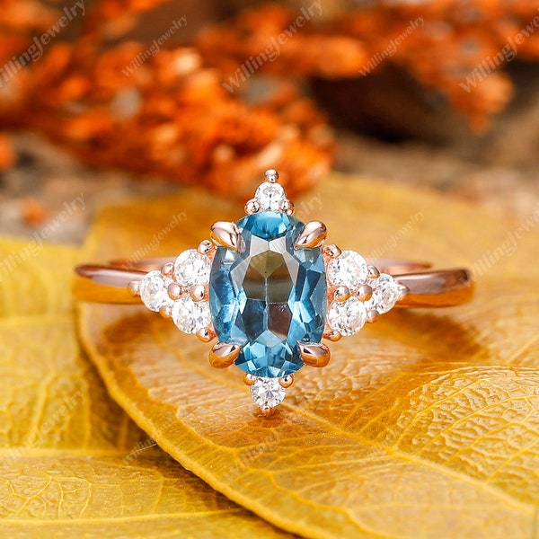Vintage Topaz Ring, Oval London Blue Topaz Ring, Unique Topaz Engagement Ring, Cluster Ring, Promise Wedding Ring, Anniversary Gift For Her