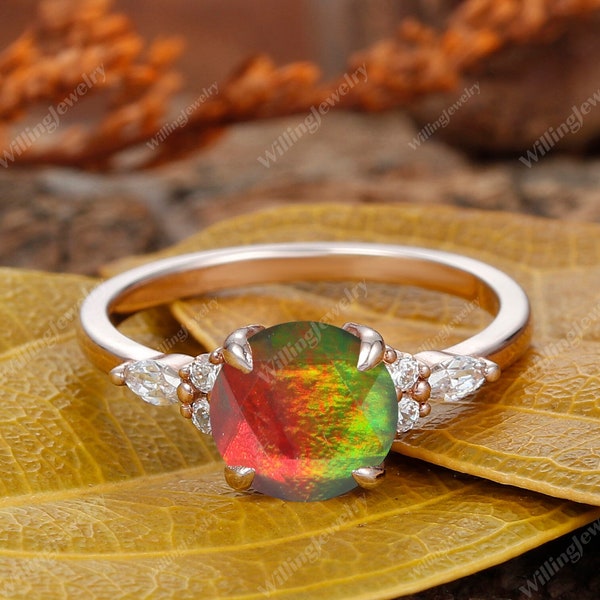 Vintage Canada Ammolite Ring, 14k Rose Gold Wedding Ring, Round Shape Canada Ammolite Engagement Ring, Promise Bridal Ring, Gift For Her