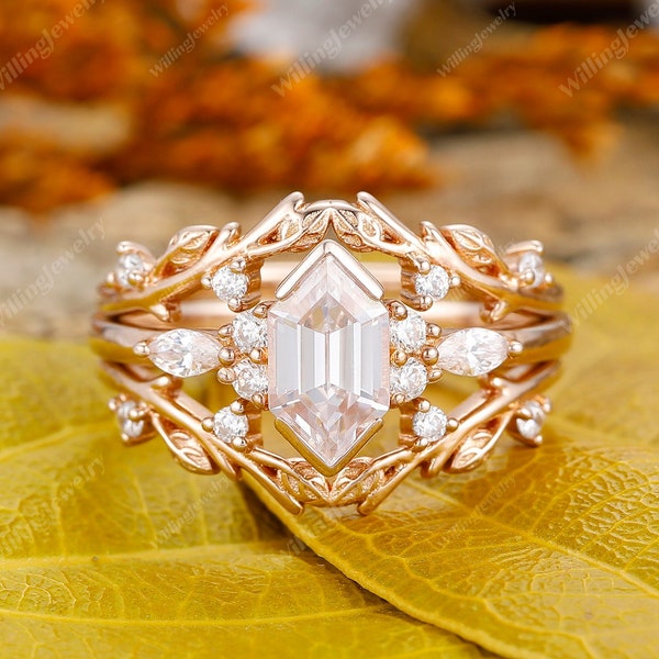 Vintage Long Hexagon Cut Moissanite Engagement Ring Set, Rose Gold Curved wedding band, Vintage Bridal Ring Set, Promise Stacking Ring