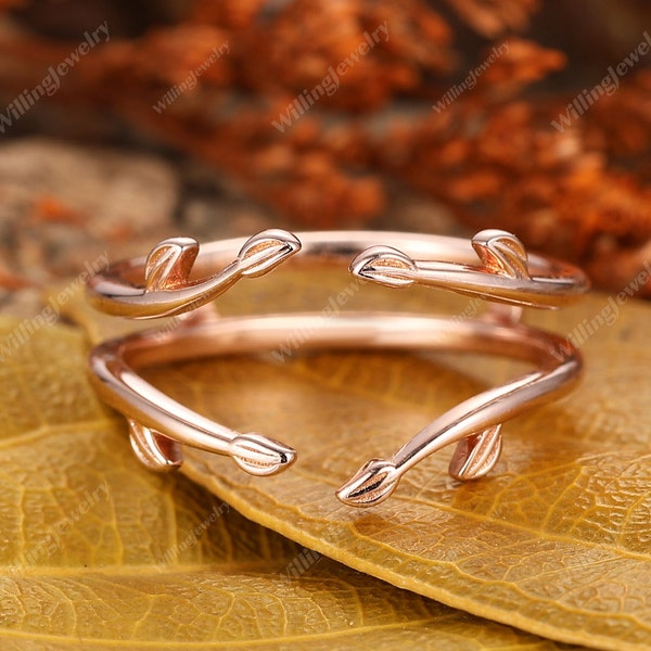 Vintage Enhancer Wedding Band, Art Deco Leaf Ring, Unique Enhancer Wedding Band, Leaf Branch Ring Matching Wedding Band, Rose Gold Ring