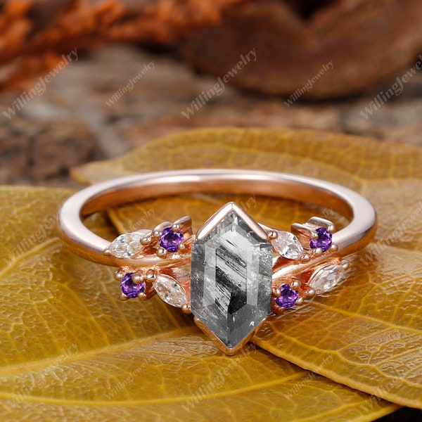 Antique Long Hexagon Cut Herkimer Diamond Ring, Promise Bridal Ring, Amethyst Wedding Ring, Vintage Salt & Pepper Diamond Ring, Unique Ring