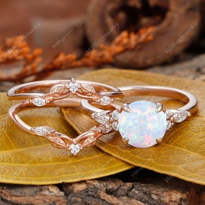 Opal engagement ring rose gold, Unique Opal wedding ring set, Opal promise ring 10k/14k gold, Opal engagement ring set, double wedding set