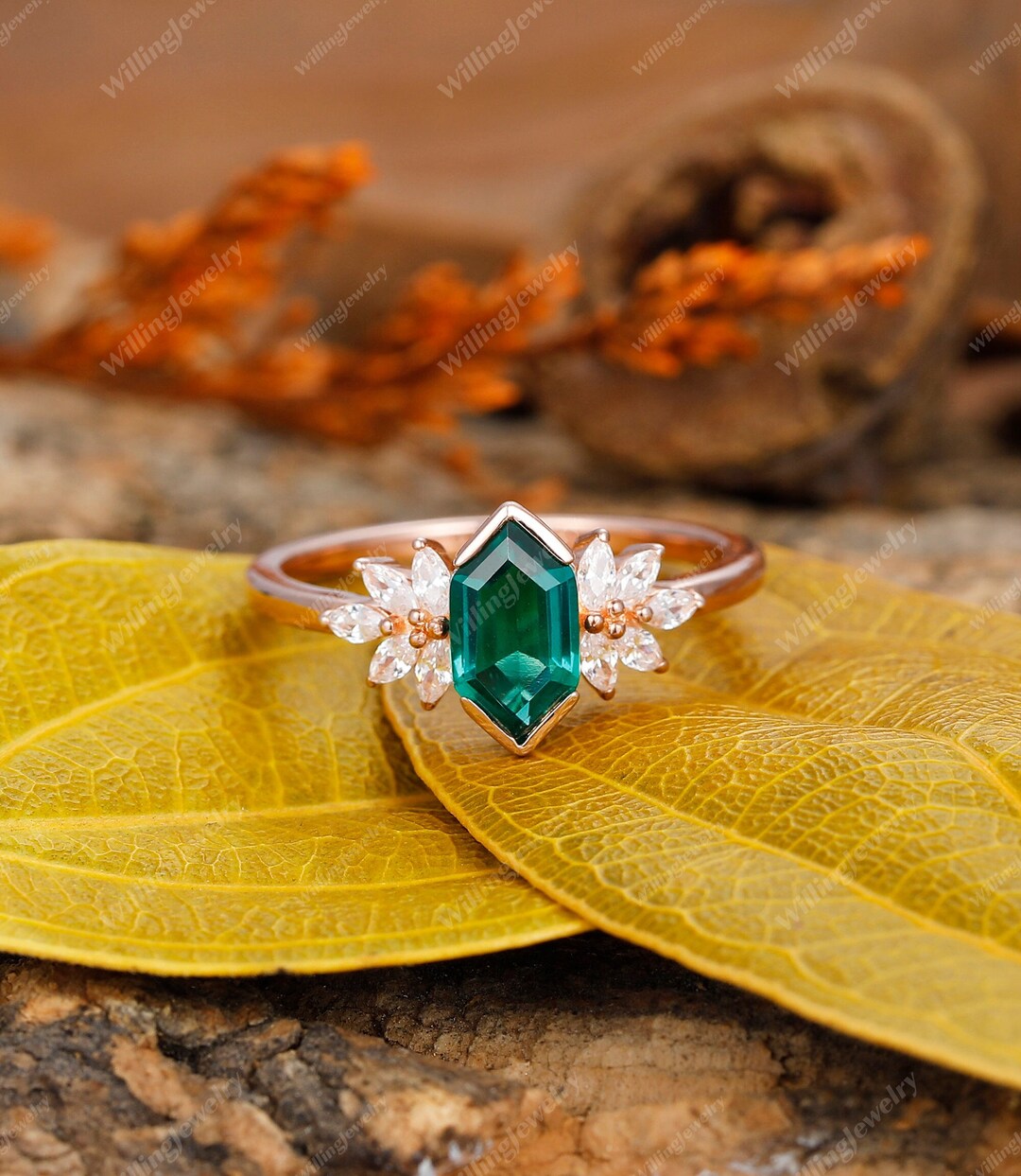 Vintage Emerald Ring, Long Hexagon Cut Emerald Wedding Ring, Rose Gold