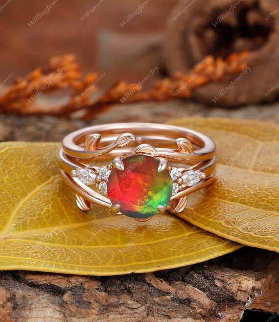 Vintage Canadiam Ammolite Engagement Ring Set Unique Round