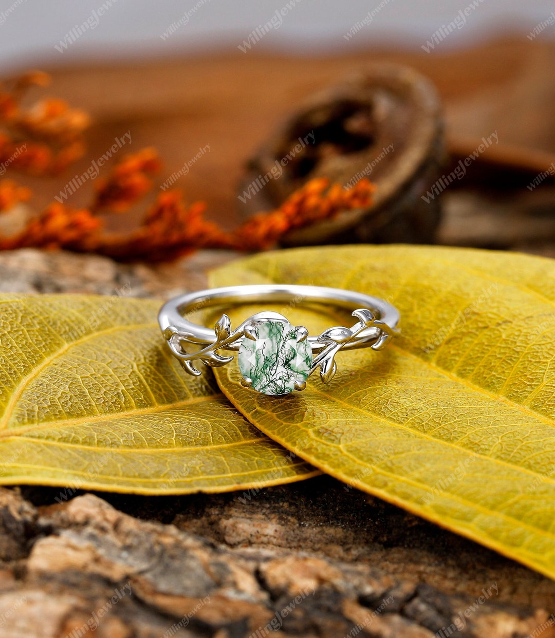 Round Cut Moss Agate Ring, Solitaire Ring, Moss Agate Engagement Ring