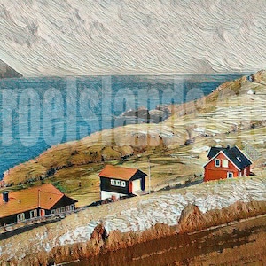 Färöer-Inseln Druck Färöer Bild Gjogv Eysturoy nordischen Hütten Skandinavien Folk nordische Kunst druckbare Kunst digitaler Download