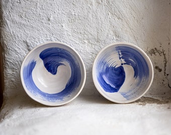 Handmade pair of small blue serving bowls