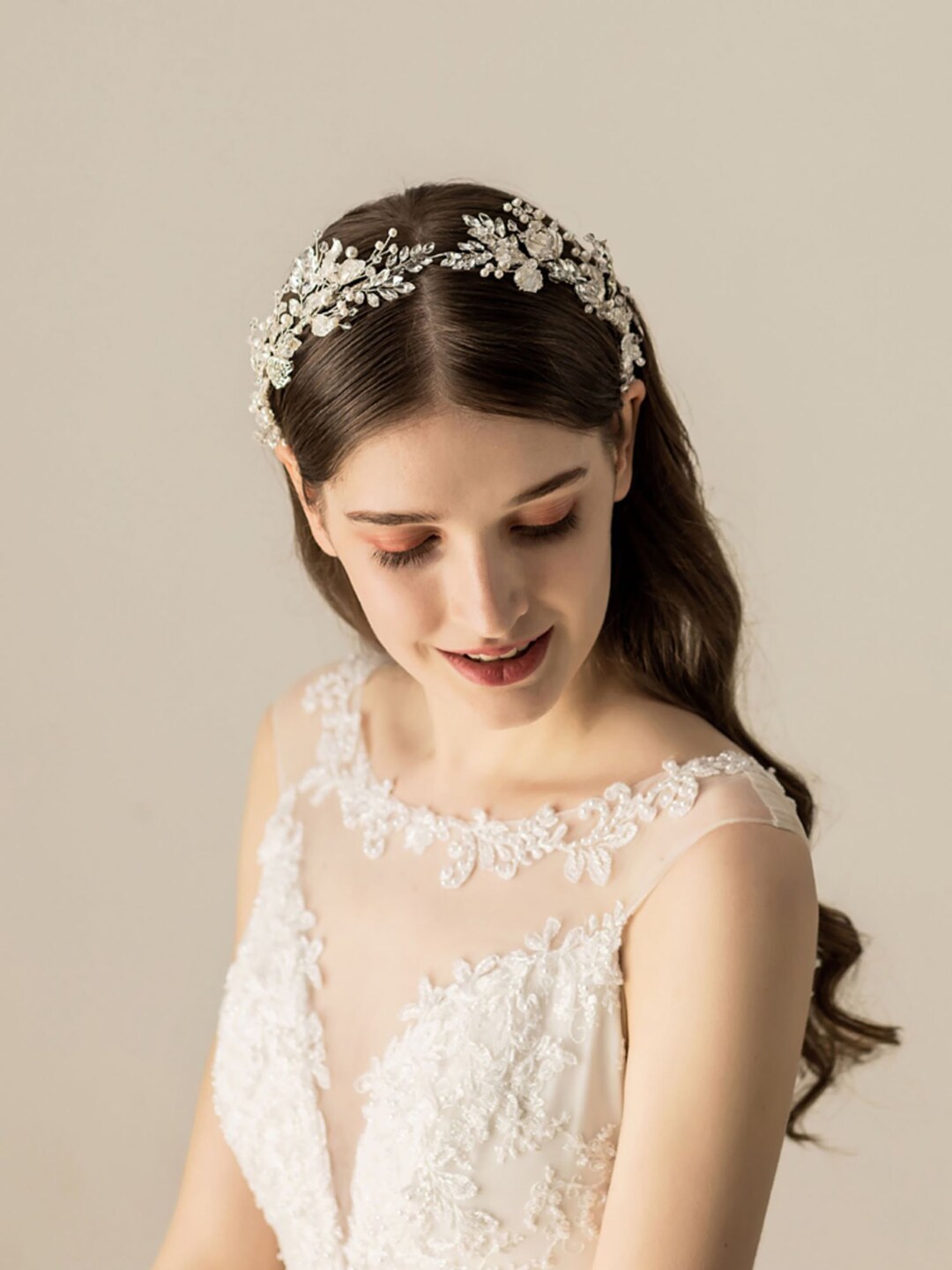 Silver Vine Bridal Tiara, Flower Wedding Headpiece, Crystal Hair Accessory, Floral Boho Wedding