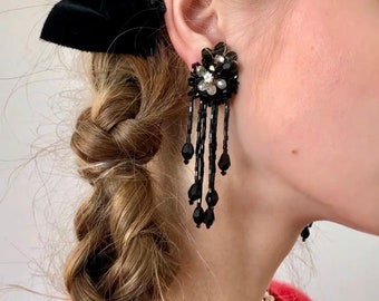 Black rhinestone beaded fringe earrings, prom party statement dangle earrings, fun flower bouquet earrings, handmade retro lady drop earring