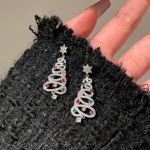 Rinhoo Christmas Tree Crystal Star 925 Silver Earrings – Stud/Dangle – Women's Xmas Gift