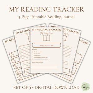 Op de afbeelding: Een 5-pagina's tellend printbaar leesdagboek getiteld MY READING TRACKER. De pagina's bevatten bruine tekst en lijngrafieken op een lichte achtergrond, inclusief secties voor leesdoelen, te lezen boeken en een leeslogboek met ruimte voor titels.