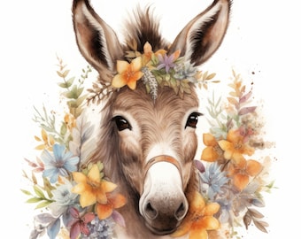 Cute Donkey and Flowers Clipart, 16 High Quality JPGs | High Resolution | 300 DPI | Instant Digital Download, Personal & Commercial Use