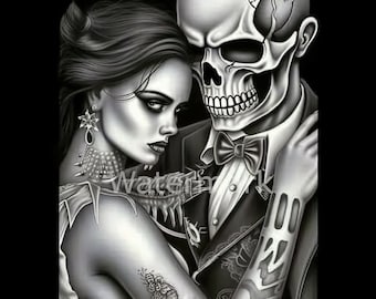 Skull Couple JPGs |'Till Death Do Us Part | 10 Chicano Art JPG | Day of the Dead | Skeleton Couple Illustration JPG | Digital Download