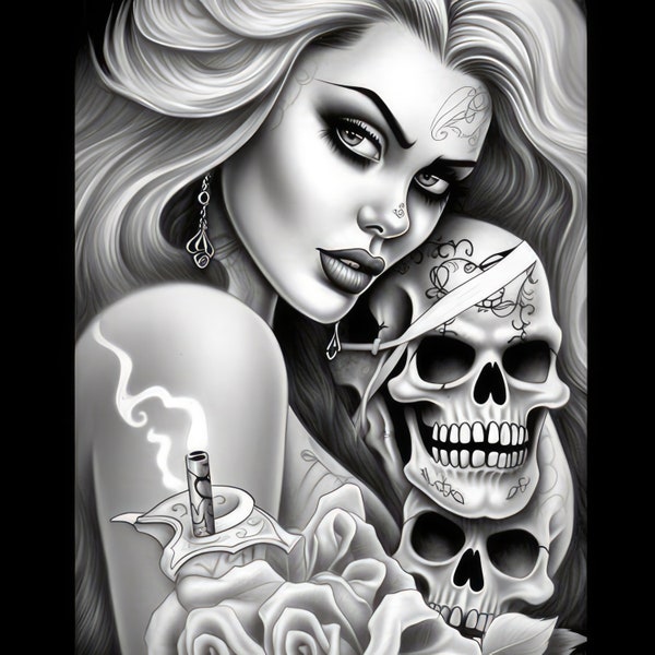 Jolie femme crâne Chicano Art Clipart, 12 JPG de haute qualité, Art mexicain Jour des Morts, Chola Chicana Card Making, Clip Art