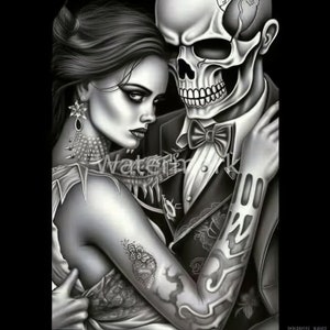 Pareja Calavera JPG / Esqueleto con Esposa / Arte Chicano JPG / Día de Muertos / Pareja Esqueleto Ilustración JPG / Descarga Digital