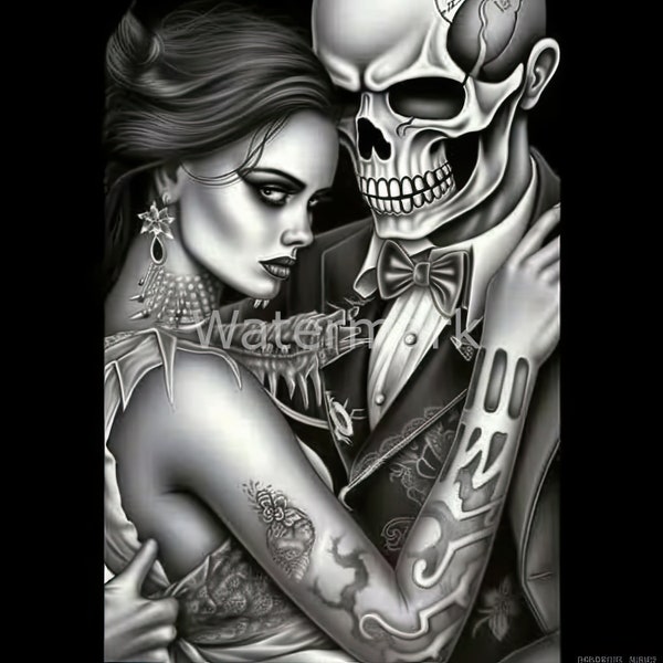 Skull Couple JPG | Skeleton with Wife | Chicano Art JPG | Day of the Dead | Skeleton Couple Illustration JPG | Digital Download