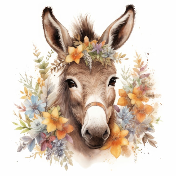 Cute Donkey and Flowers Clipart, 16 High Quality JPGs | High Resolution | 300 DPI | Instant Digital Download, Personal & Commercial Use